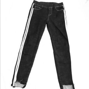 Black Jeans White Stripes Inseam Distressed Hems
